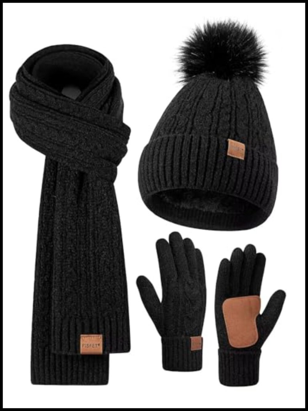 Womens Winter Beanie Hat Scarf Gloves Set Alpaca Wool Fleece Lined Touchscreen